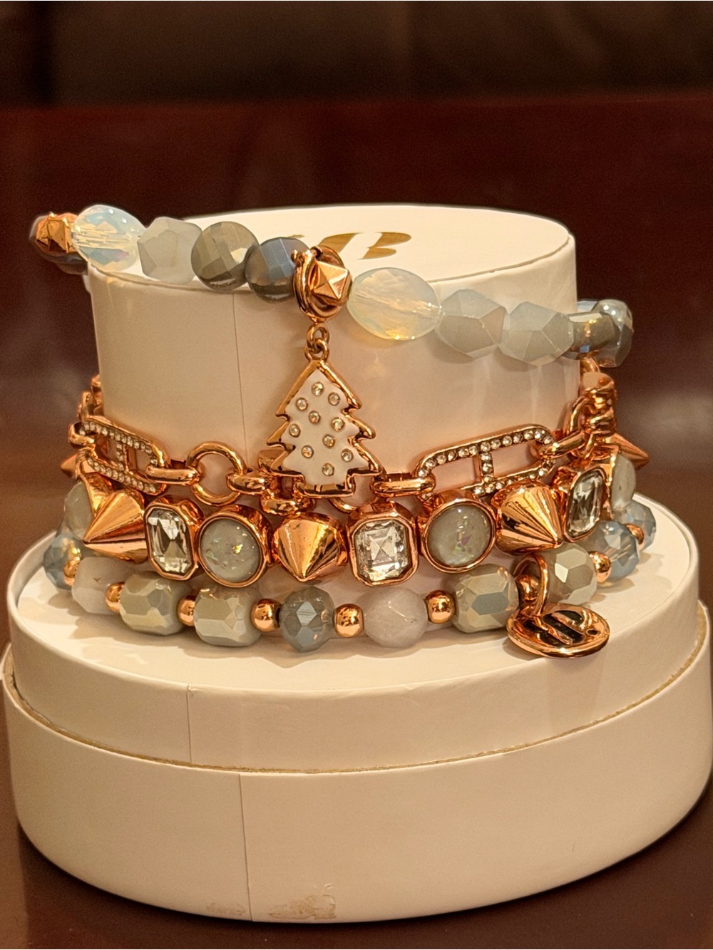 Bomb Party NWT ChristmasTree Gold and Gray Beaded Bracelet Stack! - Picture 4 of 9
